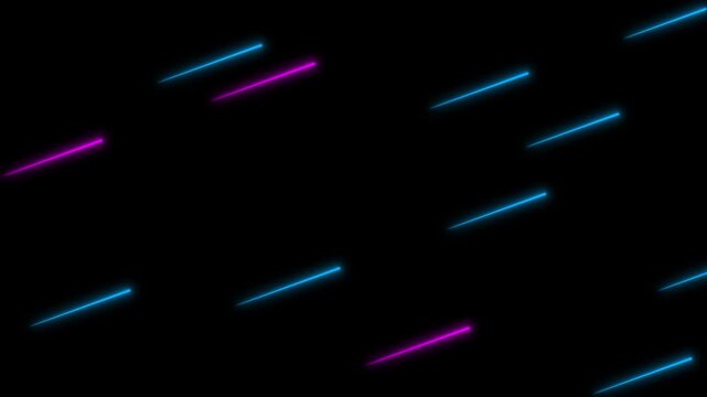 Abstract neon light streaks lines motion effect, seamless loop animation of glowing neon line, glowing neon lights streaming motion, glowing neon lines streaming across on black background. 4k video