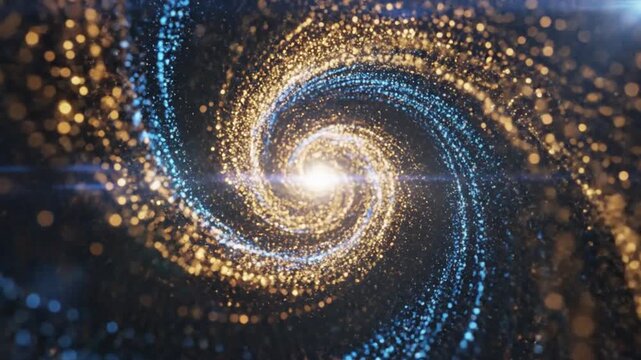 Intense bright light emanating from the center of a swirling vortex of golden and blue sparkling particles creating a powerful cosmic or energy effect