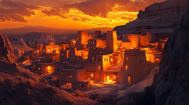 As the sun dips below the horizon, warm orange light illuminates a historic pueblo village carved into the canyon. Shadows dance among the ancient adobe structures, creating a magical atmosphere