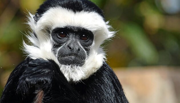 A close-up portrait shows a primate with striking black and white fur, its dark eyes gazing forward. It holds something with its hand