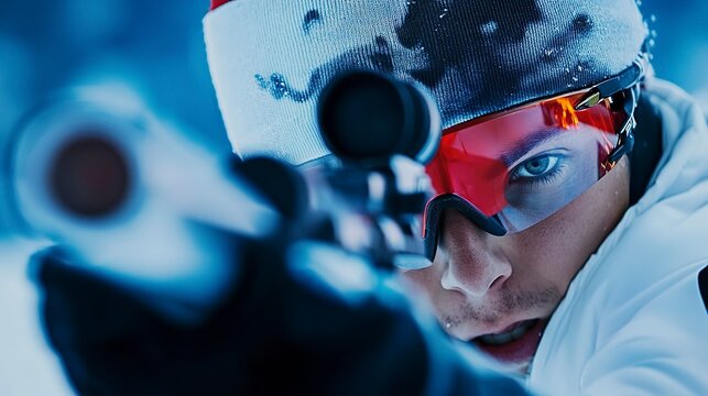 An intense scene unfolds as a determined athlete steadies his aim, preparing for the next shot in a winter biathlon. Surrounded by snow, excitement fills the air as competitors race against time