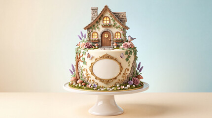 Obraz premium Fairy tale cottage themed cake decorated with a fondant house mushrooms vines and a blank plaque for text