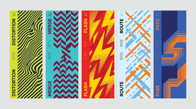 Abstract geometric banner set with distortion and flash patterns, modern graphic textures for web headers and social media, 5 vector elements