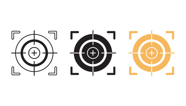 Precise circular crosshair target scope icons with focus markers in black and orange styles for gaming and photography interface elements isolated on a clean white background for web development