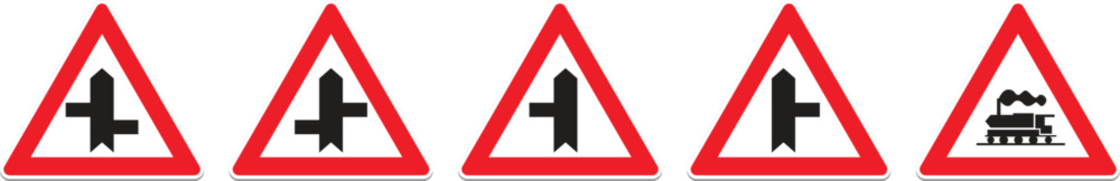 Warning road signs with crossing symbols and train icon