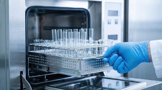 Gloved hand loading test tubes into sterilizer