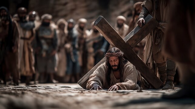 Jesus carries the cross through Jerusalem as grieving women weep along the road, revealing His compassion, sacrifice, and unwavering obedience on the path to redemption.