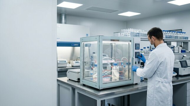 Male scientist in a cleanroom lab operates a bioreactor, conducting biotechnology research and pharmaceutical development