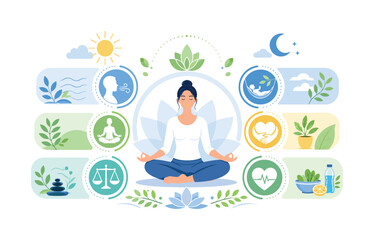 Obraz premium Meditation infographic with seated person, calm icons and wellness guidance layout, meditation, infographic, person, wellness,