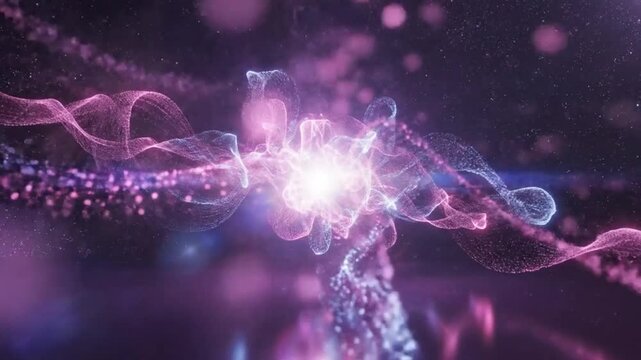 Ethereal pink and blue luminous particle wave flowing and expanding in a dark starry expanse with a reflective surface below