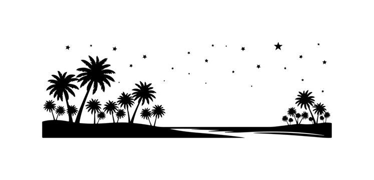 Black silhouette palm trees, starry night sky, tropical landscape vector, scenic border design