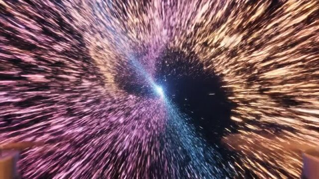Swirling vortex of luminous blue and pink particles with a glowing core and dark shadowy edges creating a sense of cosmic motion and energy