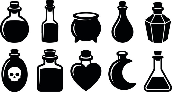 Witch cauldron and magic potion bottles silhouettes collection. Halloween alchemy elements featuring skull poison bottle, heart flask, crescent moon jar, and laboratory beaker.