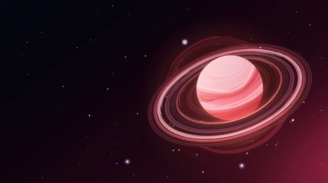 Flat vector space station in circular orbit around a colorful planet with rings and stars in the background at night in outer space