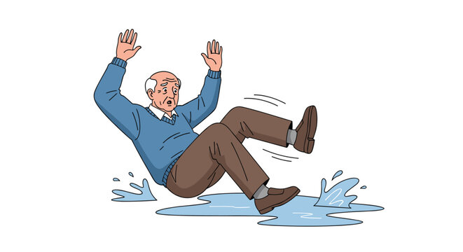 Senior man losing balance and slipping on a wet puddle of water, falling backwards with his arms raised in fear.
