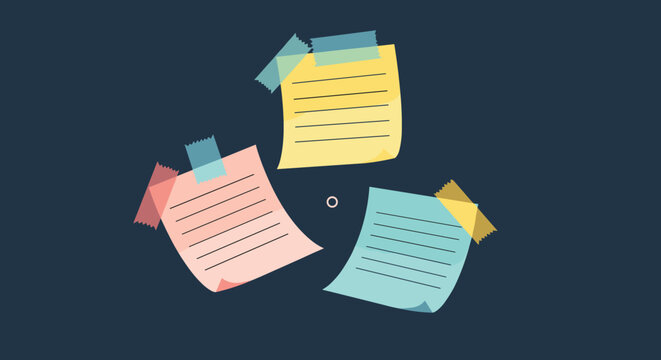 Colorful sticky notes in yellow, pink, and blue pinned with colorful translucent adhesive tape on a dark background.