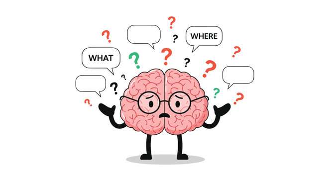 Cute brain cartoon character looking confused with question marks and speech bubbles, representing memory loss, thinking, and curiosity.