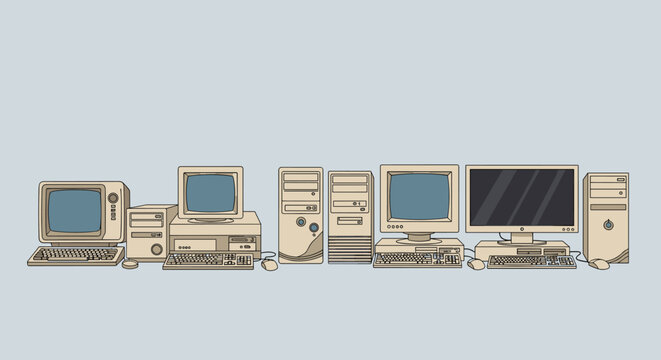 Chronological timeline illustration of desktop computers evolution from old vintage retro models to modern flat screens.