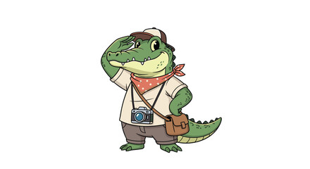 Obraz premium Cute cartoon crocodile character dressed as a safari explorer saluting with camera and cross body shoulder bag.