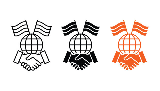 Global partnership handshake and flags vector icons in linear solid and orange styles for international relations and diplomatic cooperation or business networking and global trade agreements