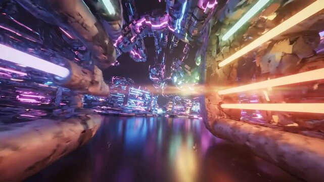 Futuristic tunnel interior with glowing neon blue and pink lights illuminating metallic or rocky structures and a reflective floor