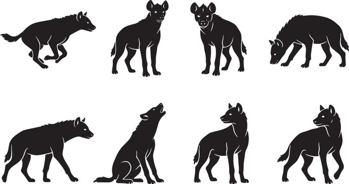 Black wolf silhouettes, wild animal icons, pack of wolves, dog graphics isolated on Transparent Background