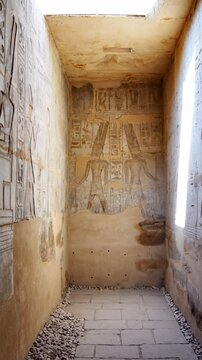 Close-up of detailed hieroglyphic rows with cartouches carved in stone lintel at