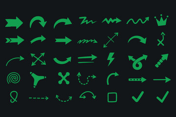 Obraz premium Variety of green hand drawn arrows and symbols on black background vector.