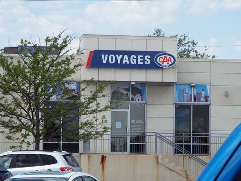 Gatineau,Quebec, Canada &ndash; May 19, 2026:The "CAA Qu&eacute;bec" storefront features signage for "Voyages," showcasing travel imagery and services for tourists and members at 960 Bd Maloney O.