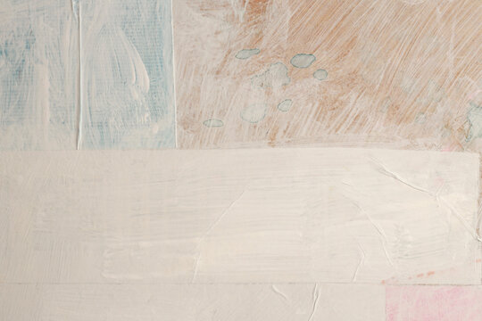 Torn, ripped blot crack crumble frame collage paper pieces. Gray, beige white copy space grunge relief texture poster blank background.