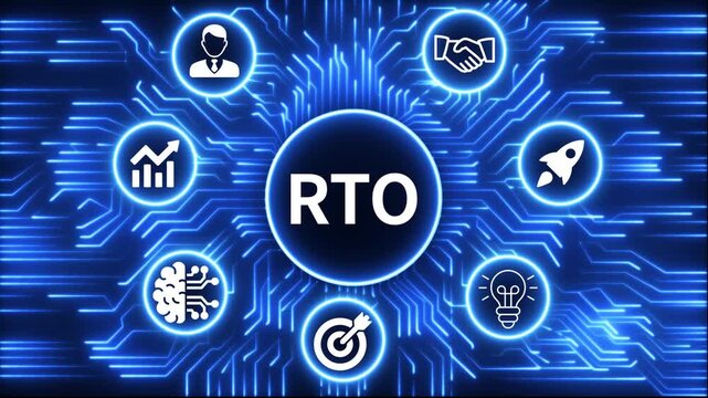 RTO icon surrounded by smaller icons for ai manufacturing strategy. A glowing neon, and manufacturing process management all connected in a digital circuit like pattern, 4k video 