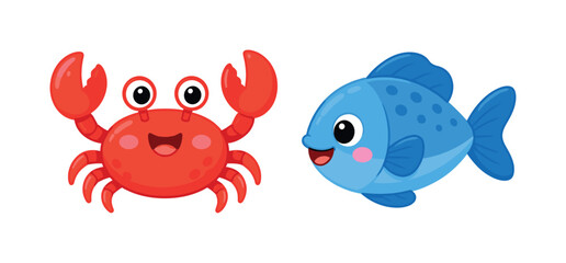 Obraz premium Cute cartoon crab and fish characters smiling and waving hello