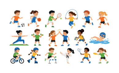 Fototapeta premium Children sports actiity icon set with kids playing, running and exercising together, children, sports, icons, kids, playing,