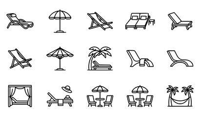 Sunbed and Beach Umbrella Icon Set Black and White Vector Collection © MD