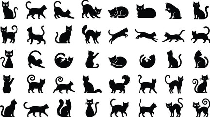 Fototapeta premium Black Cat Silhouette Icons Collection with Playful Poses Vector Set Bundle