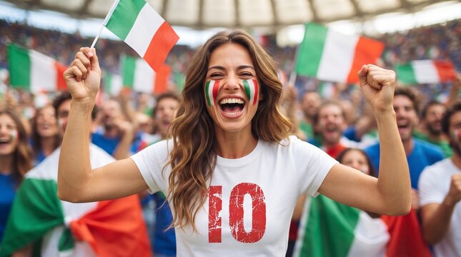 Female soccer fan celebrating in a stadium, wearing a white shirt with the number 10, face painted in Italian colors, surrounded by cheering supporters waving flags