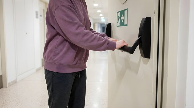Person wearing a mauve sweatshirt pushes down on the black handle of an emergency exit door inside a brightly lit modern office hallway building corridor