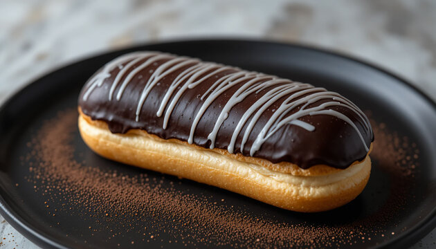 Gourmet chocolate eclair with vanilla cream on a black plate