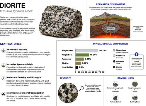 Diorite Rock Composition Infographic &ndash; Intrusive Igneous Rock, Mineral Composition and Geological Formation