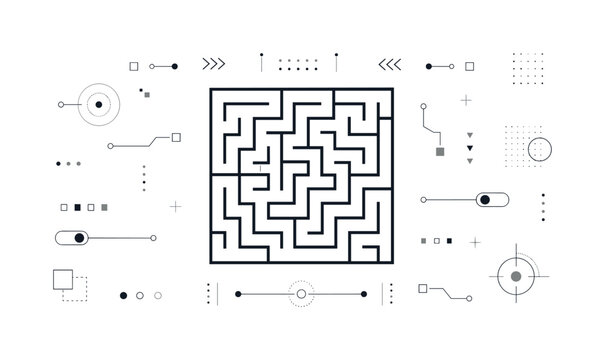 Dark line icon poster with square maze symbol and minimal monochrome UI elements, lineicons, poster, maze, square, black, gray,