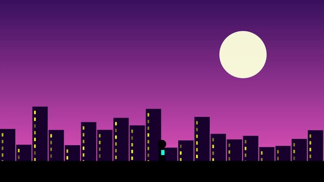 Minimalist city skyline silhouette with full moon at night: flat animation 4k background
