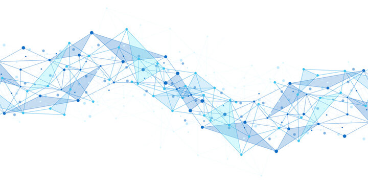 Blue polygon network lines rise from the bottom on a white background. Technology concept for data, connection, science, and digital design.
