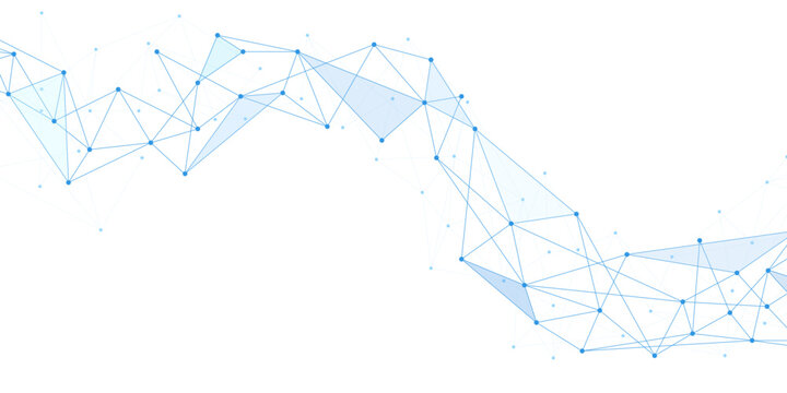 Blue polygon network lines rise from the bottom on a white background. Technology concept for data, connection, science, and digital design.