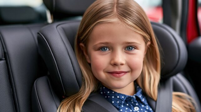 Happy girl in a child car seat wearing a seatbelt while traveling by car.	
