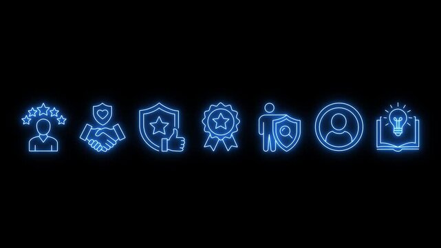 Corporate trust icons display professional reputation and reliable business values here. neon icon animated on transparent..