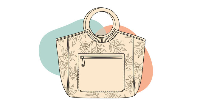 Stylish beige tote bag with a circular handle and a leaf pattern over abstract background shapes for fashion and accessory concepts.