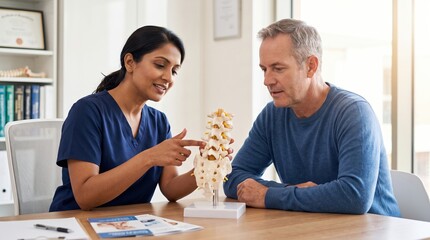 Fototapeta premium Physical therapist explaining lower spine model to patient