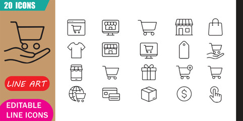 Isolated online store icons set, 20 editable line art icons set, online store, shopping cart retail, marketplace website sales, customer business theme, clean outline vector © MD.Kawsar Hossan