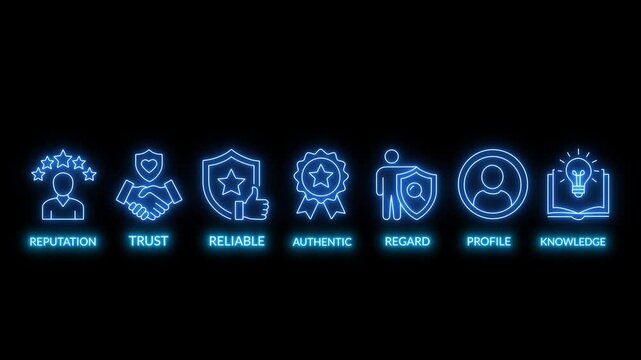 Corporate trust icons display professional reputation and reliable business values here. neon icon animated on transparent..