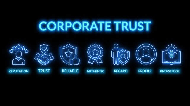 Corporate trust icons display professional reputation and reliable business values here. neon icon animated on transparent..